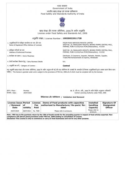 FSSAI License <br> No. 10020022011728